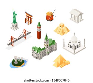 World famous landmarks - colorful isometric set of objects. Statue of Liberty, Holland windmill, Torii, Brooklyn bridge, Moai, pyramids, Taj Mahal, Hamburg city hall, Parthenon, St Mark Campanile