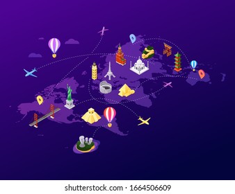 World famous landmarks - colorful isometric vector illustration. A big map with masterpieces of architecture. Sightseeing, traveling idea. Statue of Liberty, Torii, pyramids, Eiffel tower, Colosseum