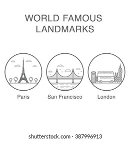 World famous landmarks icons set with eiffel tower, big ben and golden gate bridge vector illustrations.