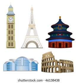 World famous landmarks including Big Ben of London, La tour eiffel of Paris, Temple of Heaven of Beijing, Convention and exhibition centre of Hong Kong and Colosseum of Rome.