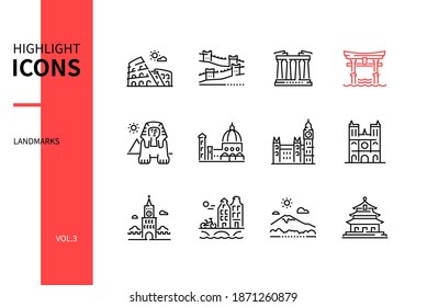 Marcas famosas del mundo - iconos de estilo de diseño de línea. Visitas turísticas, idea de viaje. Coliseo, Gran Muralla China, torii, esfinge, catedral de Santa Marie, Big Ben, Notre Dame de París, Kremlin, Fuji