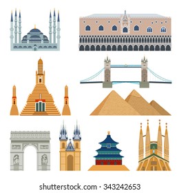 World famous landmarks and monuments flat icons set isolated vector illustration