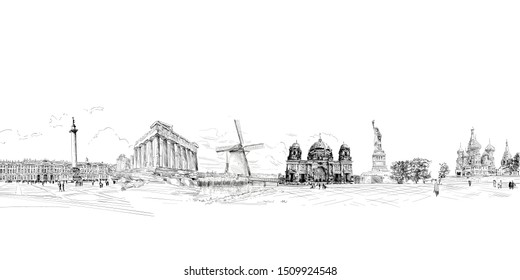World famous landmarks and monuments. Travel posters urban sketch illustration. Tourism banner design concept. Popular world known toirism destinations. Hand drawn vector.