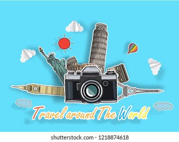 world famous landmarks of Paris ,France in winter season in paper cut style vector illustration