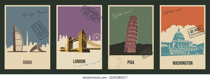 World Famous Landmarks. Pisa Leaning Tower, Dubai, London, Washington. Opera House, Dubai Hotel, Tower Bridge, Capitol. Retro Style Postcards with handwriting wishes, Postal Imprints