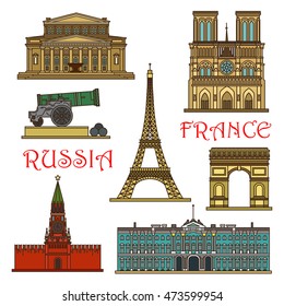 World famous landmarks of Russia and France linear icon with Eiffel Tower, Red Square and Kremlin, Notre Dame Cathedral, Arch of Triumph, Winter Palace, Bolshoi Theatre and Tsar Cannon. Travel design