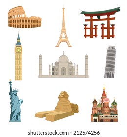 World famous landmarks set of eiffel tower statue of liberty taj mahal isolated vector illustration