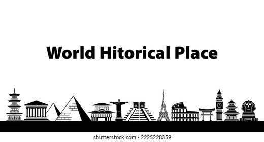 World famous landmarks silhouettes architecture, vector illustration. Travel, tourist attractions, monuments. Eiffel Tower, Big Ben, Statue of Liberty, Taj Mahal, Egypt pyramid.