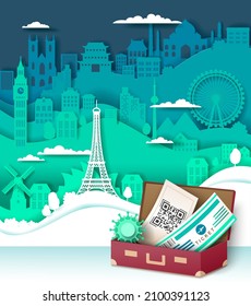 World Famous Landmarks, Suitcase With Travel Ticket And COVID-19 Vaccine QR Code, Vector Illustration In Paper Art Style. Covid-19 Travel Rules And Restrictions, Quarantine Requirements.