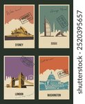 World Famous Landmarks. Sydney, Dubai, London, Washington. Opera House, Dubai Hotel, Tower Bridge, Capitol. Retro Style Postcards with handwriting wishes, Postal Imprints