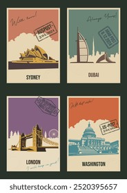 World Famous Landmarks (em inglês). Sydney, Dubai, Londres, Washington. Opera House, Dubai Hotel, Tower Bridge, Capitólio. Postais estilo retro com desejos de caligrafia, Imprints Postal