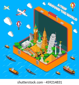 World Famous Landmarks In Vintage Travel Suitcase Isometric  Advertisement Poster With Means Of Transportation Abstract Vector Illustration 