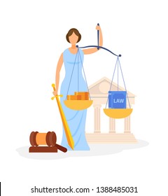 World Famous Law Symbol Color Vector Illustration. Faceless Roman Goddess Themis. Legal Book and Golden Coins in Scales. Balance. Woman Holding Sword Cartoon Character. Justice and Order Metaphor