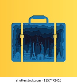 	
World famous monuments in bag. Travel and tourism background. London, Paris, Moscow, Rome, New York, Asia, Dubai, India, China, Thailand famous monuments.  Vector illustration