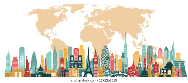 	
World famous monuments detailed skyline. London, New York, Paris, Moscow, Italy, India, China famous monuments. Travel and tourism background. Vector illustration