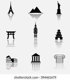 World famous monuments icon set. Vector illustration.