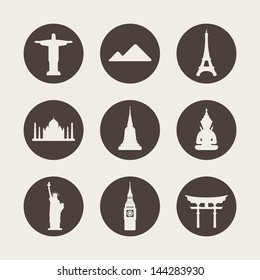 World famous monuments icons set