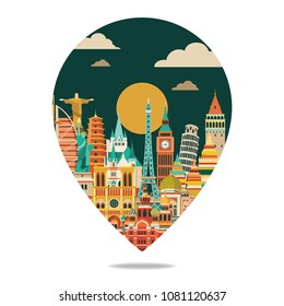 World famous monuments skyline. Travel and tourism background. London, Paris, Moscow, Rome, New York, Asia, Dubai, India, China, Thailand famous monuments. Vector illustration