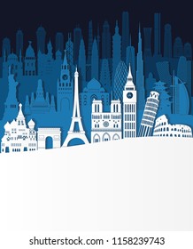 World famous monuments skyline. Travel and tourism background. Vector illustration