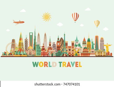 World famous monuments skyline. Travel and tourism background. Vector illustration