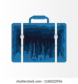 World famous monuments. Travel and tourism background. London, Paris, Moscow, Rome, New York, Asia, Dubai, India, China, Thailand famous monuments.  Vector illustration