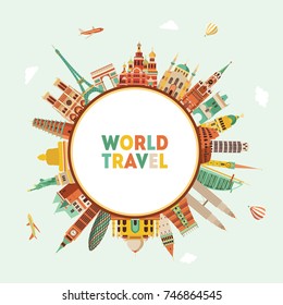 World famous monuments. Travel and tourism background. Vector illustration