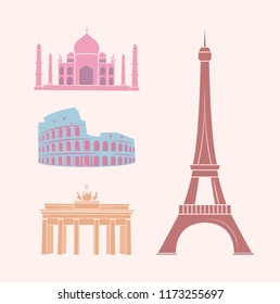 World famous sights and landmarks travel stickers. Indian Taj mahal, Roman Colosseum, German Triumphal arch, Paris Eiffel Tower vector illustrations.