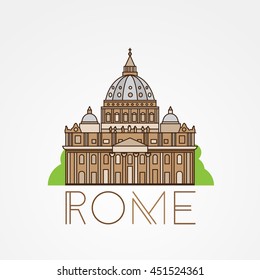 World famous St. Peter Basilica Greatest Landmarks of europe.. Linear vector icon for Vatican Rome Italy. Minimalist one line travel sign. Colorful option.