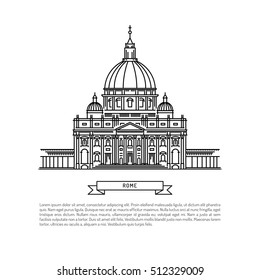 World famous St. Peter Basilica Greatest Landmarks of europe. Linear vector icon for Vatican Rome Italy.