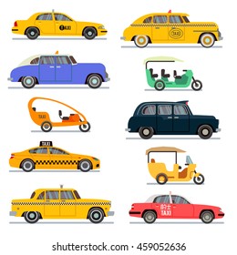 World famous taxi cars. Set of different taxi vehicles vector illustration