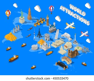 World Famous Touristic Attractions Isometric Map Poster With Leaning Pisa Tower And Empire State Building Vector Illustration 