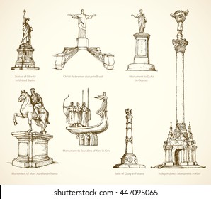 World famous touristic show place old known great historical patriotic memorials  obelisk column  Freehand outline ink hand drawn picture sketch in art retro doodle style pen paper background