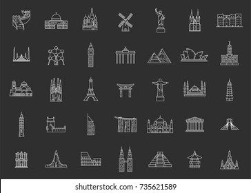 World famous travel and tourism landmarks. Illustations in outline style