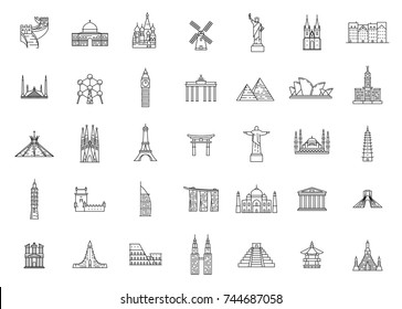 World famous travel and tourism landmarks. Illustrations in outline style