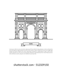 World famous triumphal arch Landmarks of europe. Linear vector icon for Rome Italy.