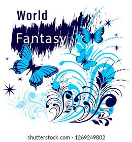 World Fantasy Shirt Slogan. Butterflies fly among flowers and stars. Flat Style Vector Illustration