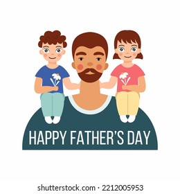 World Father Day. Children are sitting on Dad shoulders. Happy family. Daughter, son and father. 