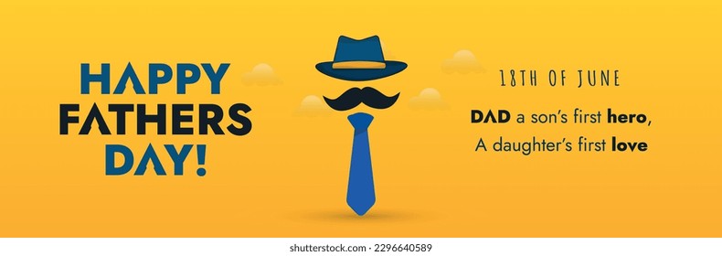 Feliz Día de los Padres. 18 de junio Feliz Día del Padre banner o cubierta con corbata, sombrero y bigote con fondo amarillo. Papá desea banner para el sitio web y los medios sociales. Padre desea pancarta. fondo amarillo