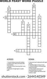 Festa Mundial Word Puzzle Grid através de pistas para baixo tema de férias palavras cruzadas