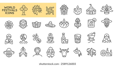 World Festival icons. Set of 31 festival trendy minimal icons. Example: Mask, Dancer, Costume, Parrot, Cocktail icon. Design signs for web page, mobile app, packaging design. Vector illustration