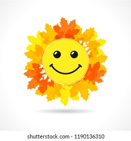 World festive congrats. Coloured foliage, red and orange smiling leaves. Congratulating celebrating decorating isolated template. Internet smiles colorful design. Network smiley funny bouquet symbol.