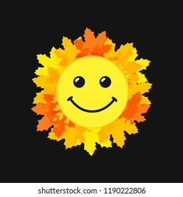 World festive congrats. Coloured foliage, red, orange smiling leaves on dark bg. Congratulating celebrating decorating isolated template. Web bright smiles colorful design. Network smiley funny symbol