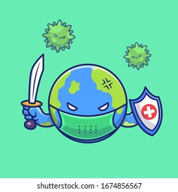 World Fight Corona Virus Vector Icon Illustration. Corona Mascot Cartoon Character. World Icon Concept White Isolated. Flat Cartoon Style Suitable for Web Landing Page, Banner, Flyer, Sticker, Card