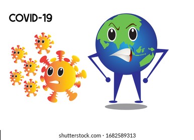 World Fight Corona Virus Vector Icon Illustration. Corona Mascot Cartoon Character. World Icon Concept White Isolated. Flat Cartoon Style Suitable for Web Landing Page, Banner, Flyer, Sticker, Card