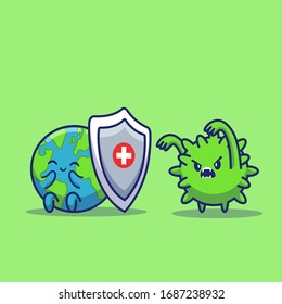 World Fight Corona Virus Vector Icon Illustration. Corona Mascot Cartoon Character. World Icon Concept White Isolated. Flat Cartoon Style Suitable for Web Landing Page, Banner, Flyer, Sticker, Card