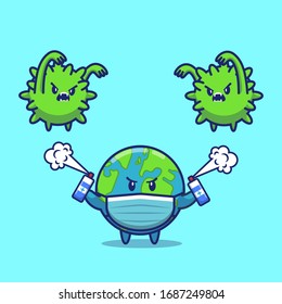 World Fight Corona Virus Vector Icon Illustration. Corona Mascot Cartoon Character. World Icon Concept White Isolated. Flat Cartoon Style Suitable for Web Landing Page, Banner, Flyer, Sticker, Card