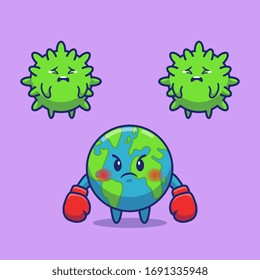 World Fight Corona Virus Vector Icon Illustration. Corona Mascot Cartoon Character. World Icon Concept White Isolated. Flat Cartoon Style Suitable for Web Landing Page, Banner, Flyer, Sticker, Card