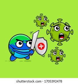 El virus mundial de la corona.Ilustración vectorial contra el virus covid-19 corona. el mundo aislado. mascota portadora plana