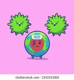 World fighting virus cartoon. Vector icon illustration.