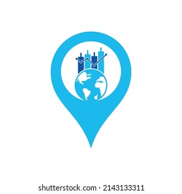 World finance map pin shape concept logo design concept. World Stats vector logo design template.